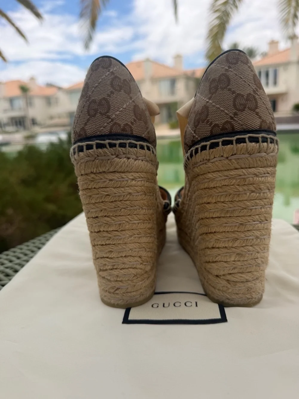 Authentic Gucci Brown GG Canvas Espadrille Wedge Sandals with Gold Double G